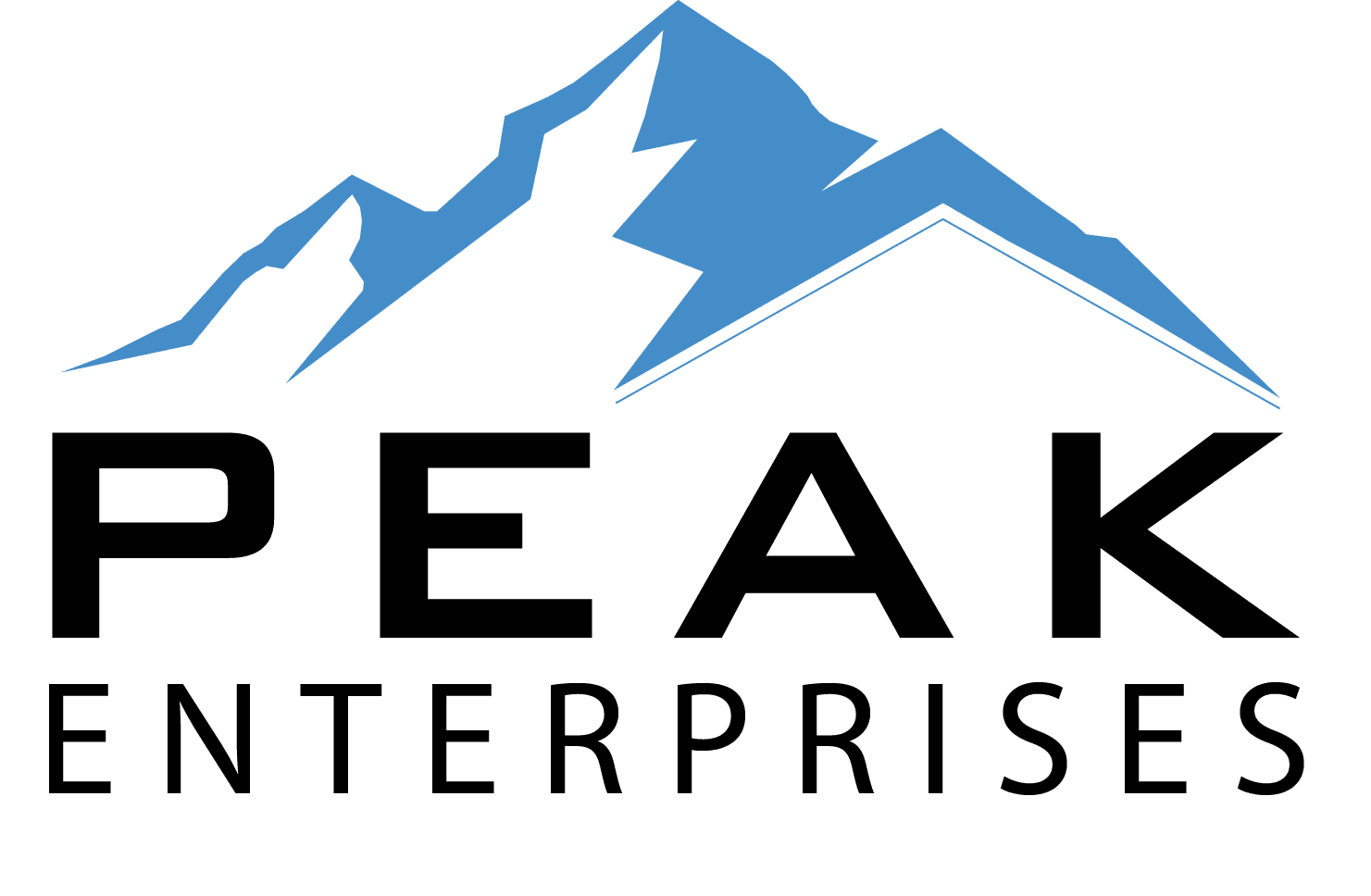 Peak Enterprises logo featuring stylized blue mountains on a green background.