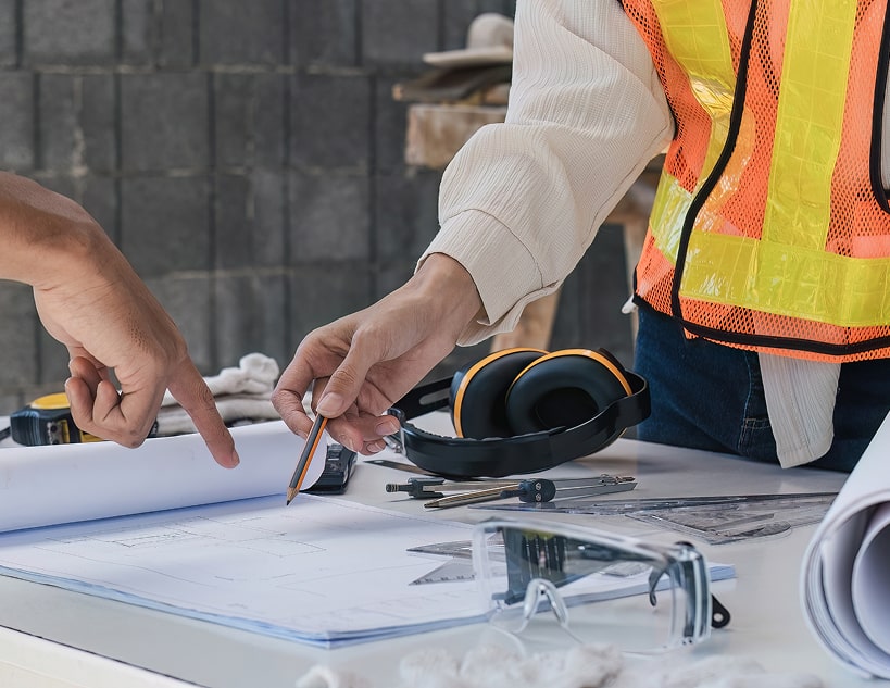 A construction worker and another person examining blueprints on a table.