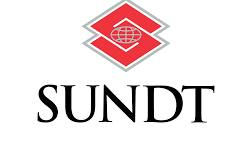 Logo for the company "SUNDT". The logo features a red diamond shape with a white globe and roof outline inside it, accompanied by the company name in large black text below.